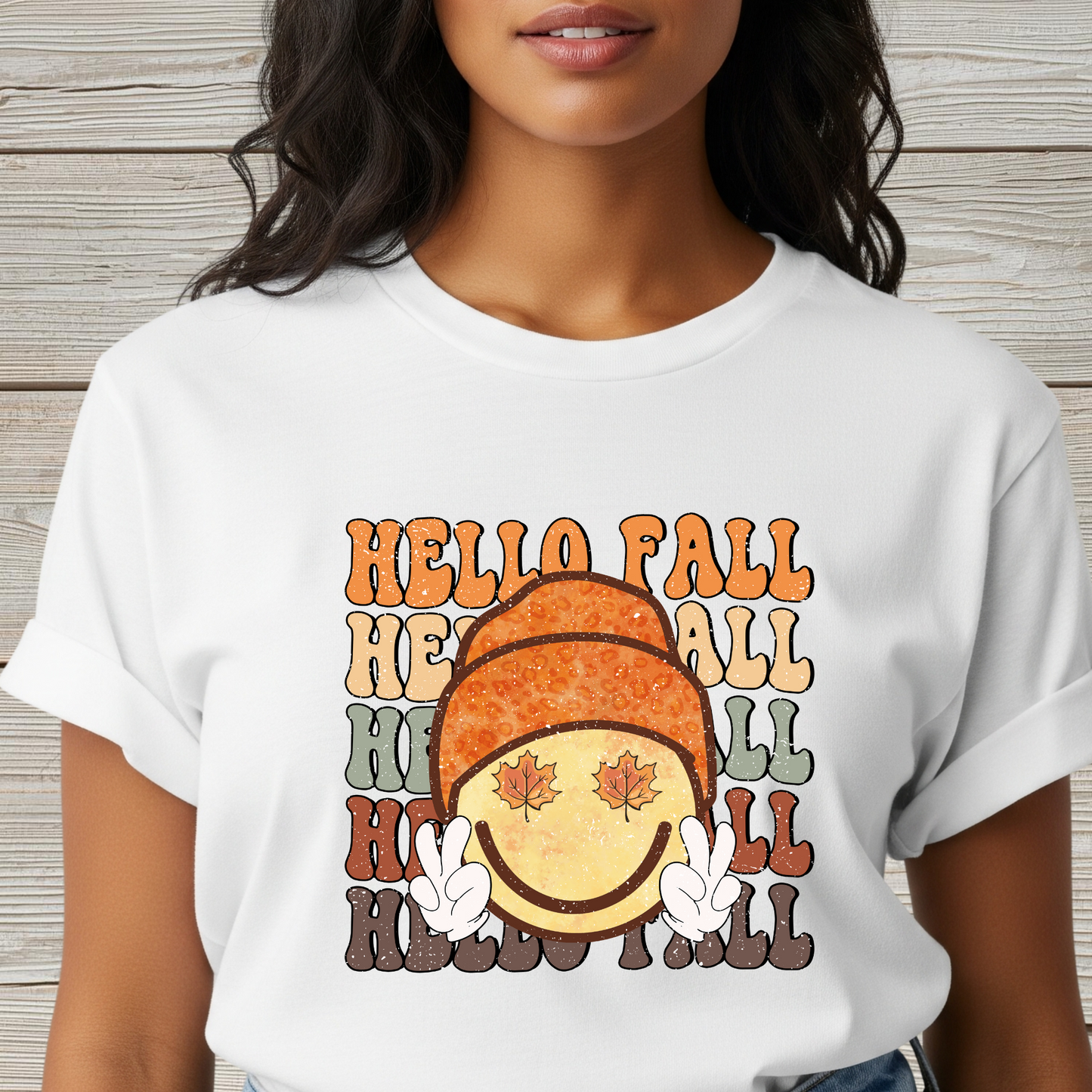 Hello Fall Happy Face Peace T-Shirt, Autumn Graphic Tee, Relaxing Casual Top, Seasonal Clothing, Thanksgiving Tee, Friendsgiving gift