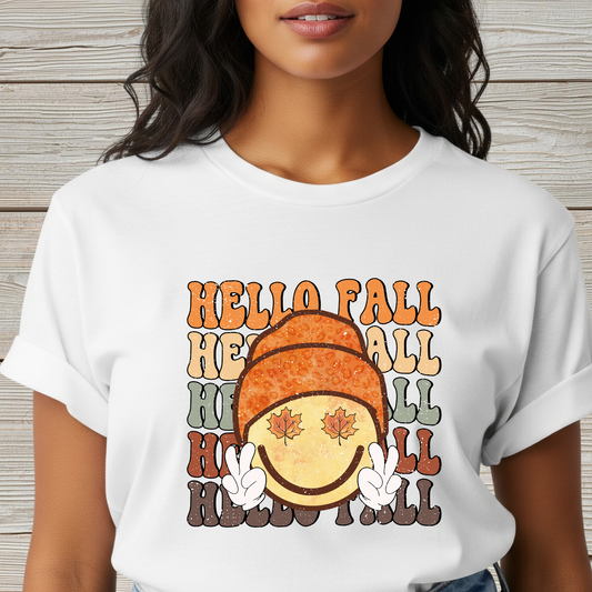 Hello Fall Happy Face Peace T-Shirt, Autumn Graphic Tee, Relaxing Casual Top, Seasonal Clothing, Thanksgiving Tee, Friendsgiving gift