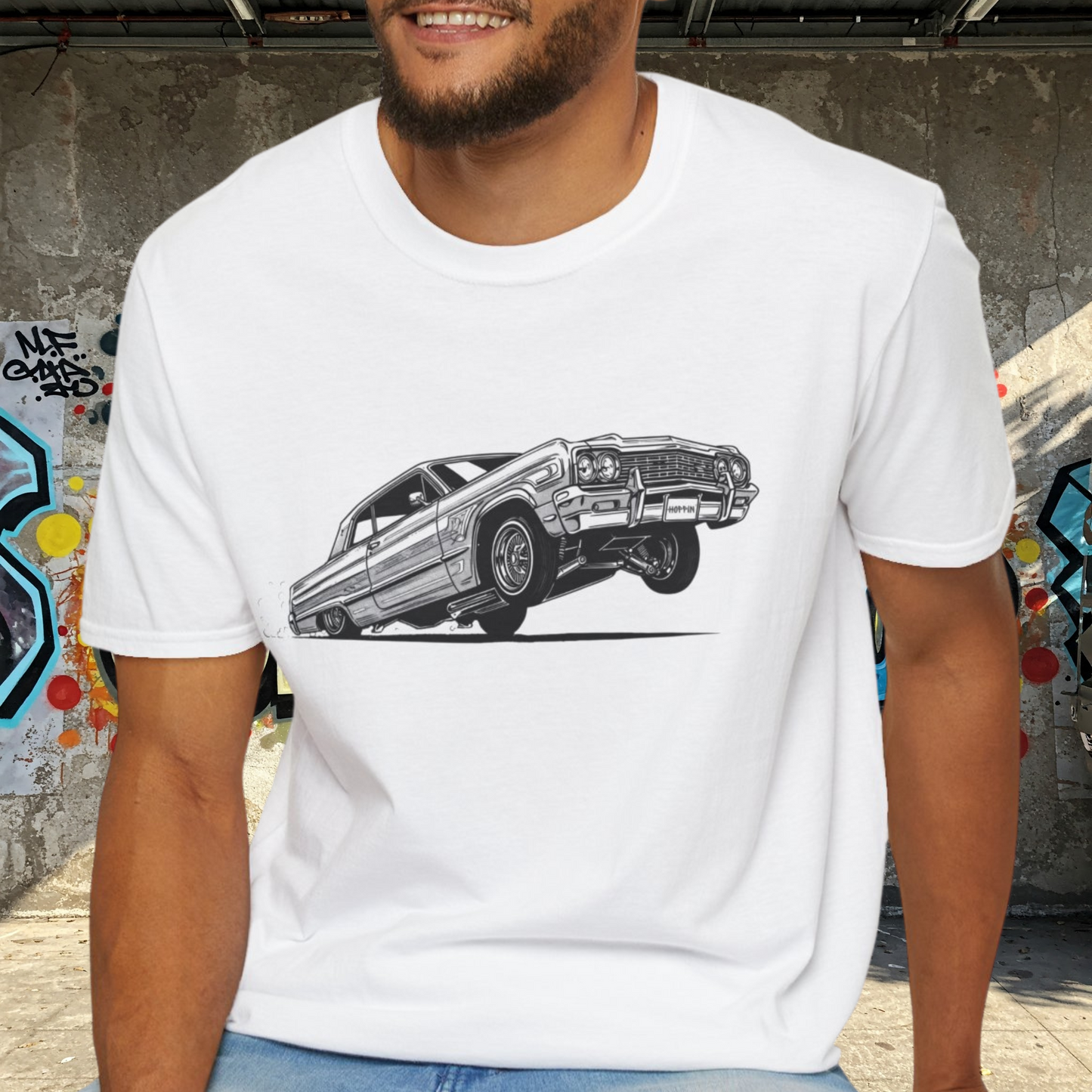 1964 Chevy Impala Hydraulics Lowrider Ink Drawing T-Shirt - Old School Hip Hop Cholo Art Tee Design - Chicano Car Club Graphic Tee