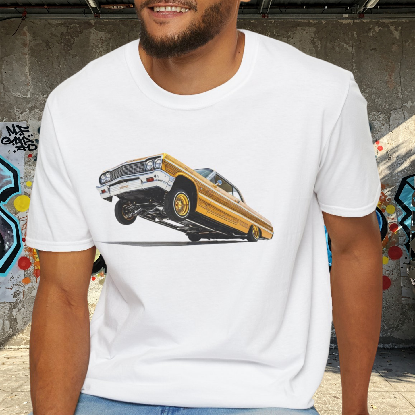 1964 Chevy Impala Hydraulics Lowrider Hoppin' Ink Drawing T-Shirt - Old School Hip Hop Cholo Art Tee Design - Chicano Car Club Graphic Tee