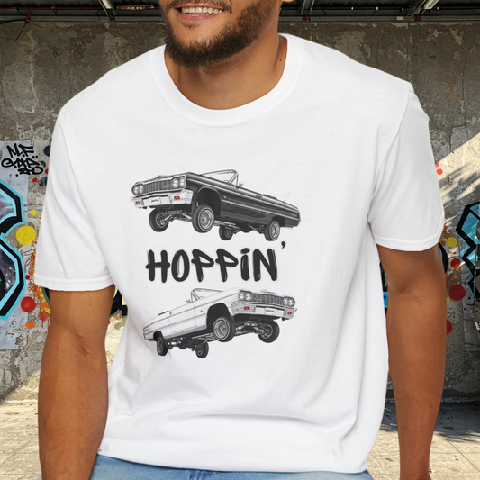 1964 Chevy Impala Hydraulics Lowrider Hoppin' Ink Drawing T-Shirt - Old School Hip Hop Cholo Art Tee Design - Chicano Car Club Graphic Tee