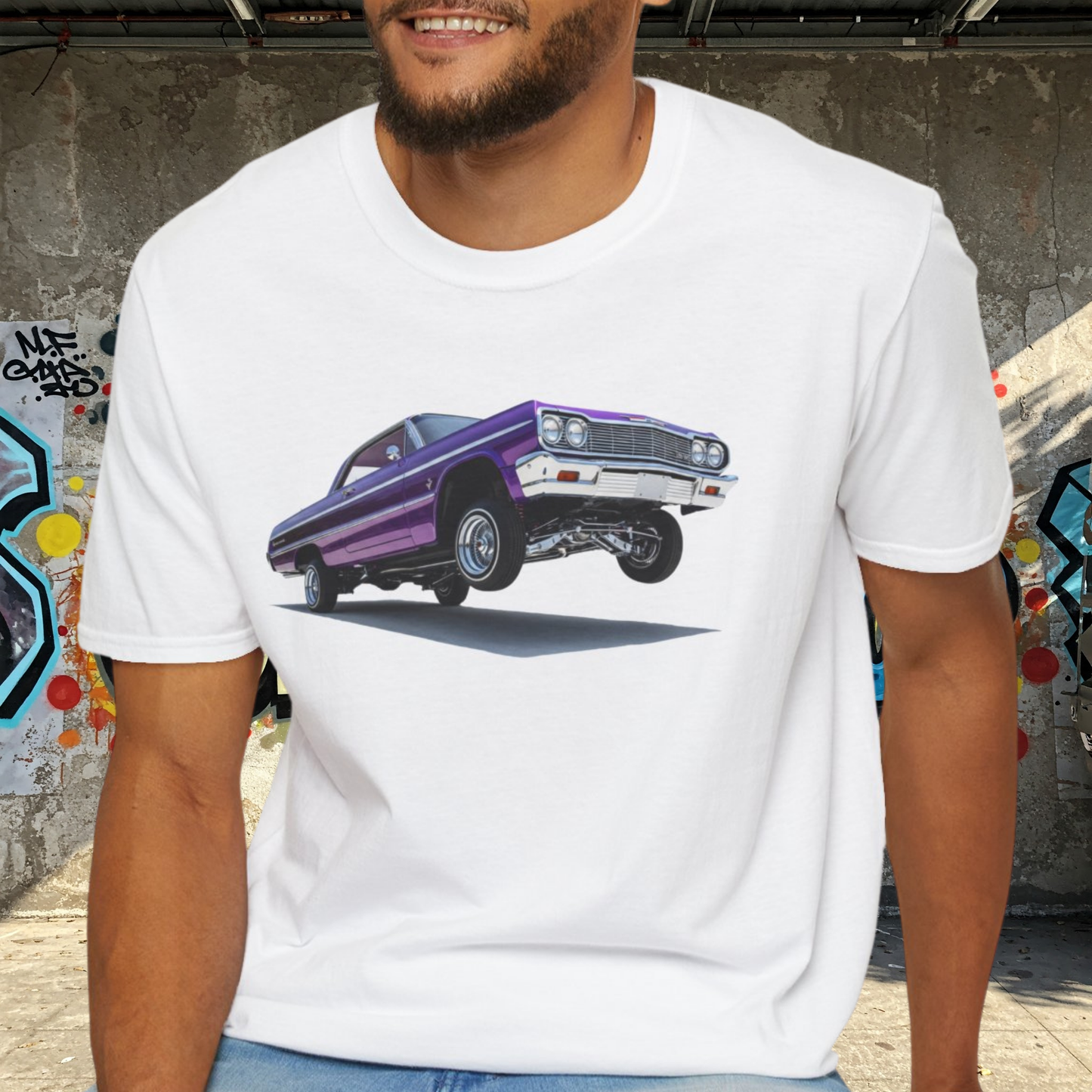 1964 Chevy Impala Hydraulics Lowrider Hoppin' Ink Drawing T-Shirt - Old School Hip Hop Cholo Art Tee Design - Chicano Car Club Graphic Tee