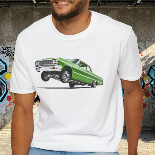 1964 Chevy Impala Hydraulics Lowrider Hoppin' Ink Drawing T-Shirt - Old School Hip Hop Cholo Art Tee Design - Chicano Car Club Graphic Tee