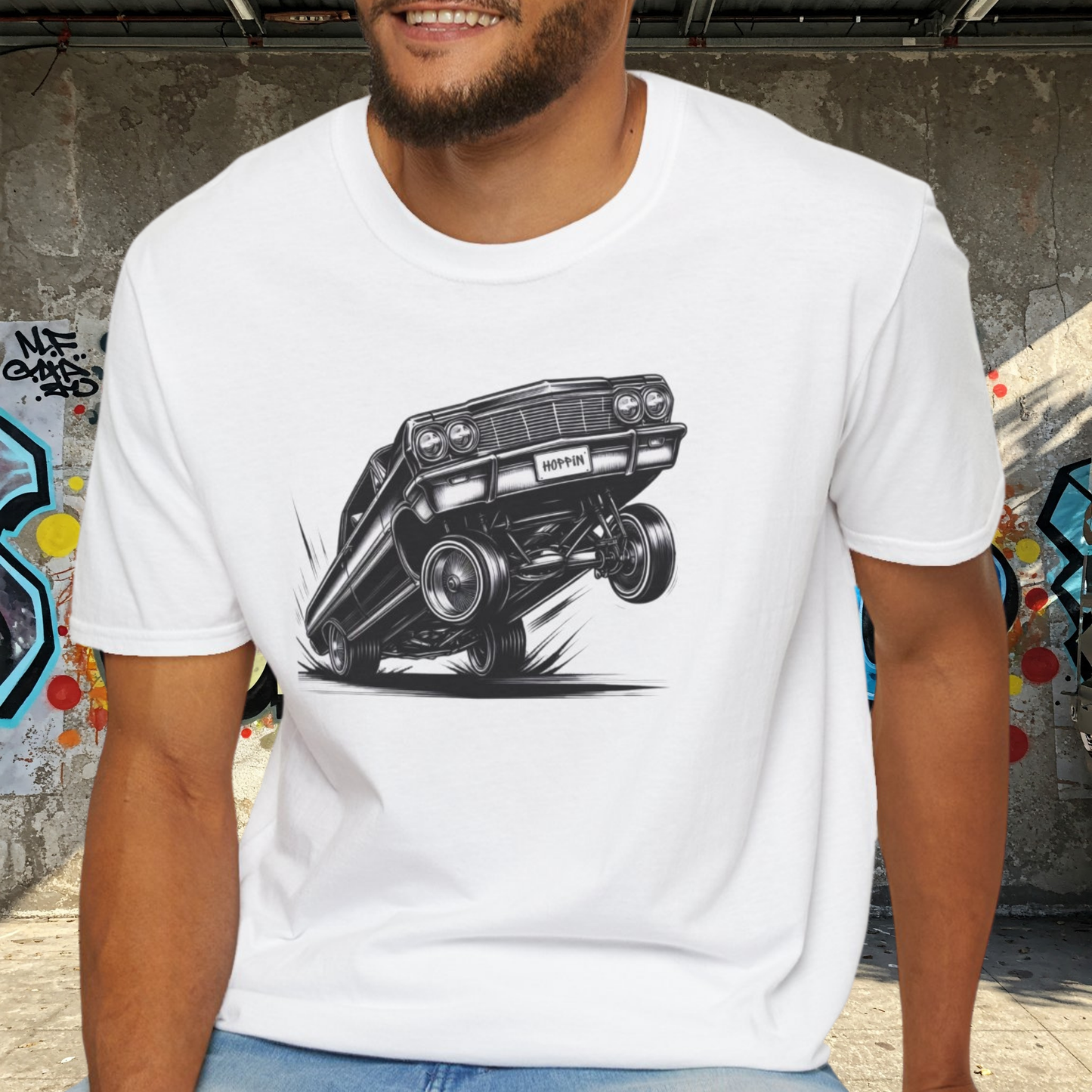 1964 Chevy Impala Hydraulics Lowrider Ink Drawing T-Shirt - Chicano Car Club Graphic Tee - Old School Hip Hop Cholo Art Tee Design