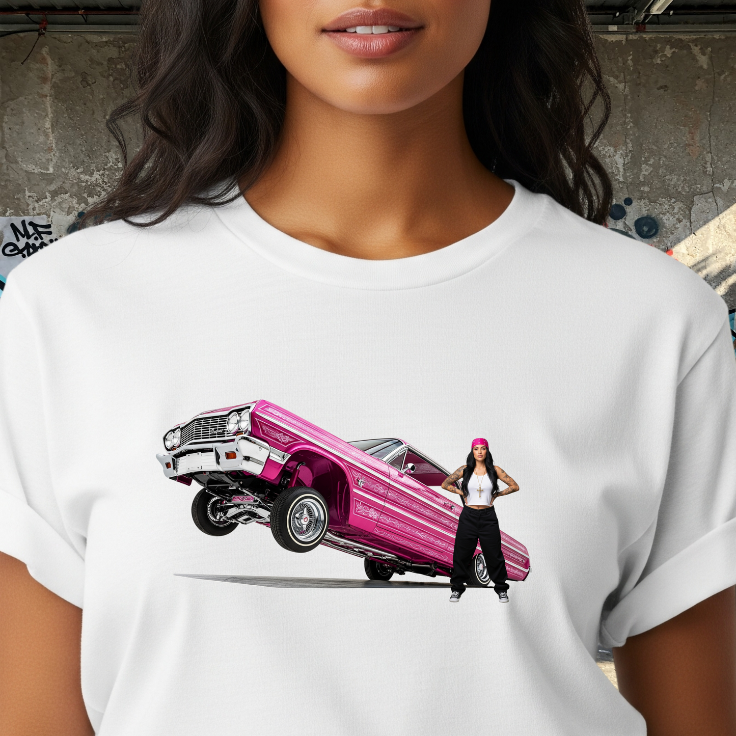 1964 Chevy Impala Hydraulics Lowrider Hoppin' graphic T-Shirt - Old School Hip Hop Cholo Art Tee Design - Chicano Car Club Graphic Tee