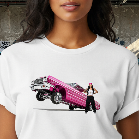 1964 Chevy Impala Hydraulics Lowrider Hoppin' graphic T-Shirt - Old School Hip Hop Cholo Art Tee Design - Chicano Car Club Graphic Tee