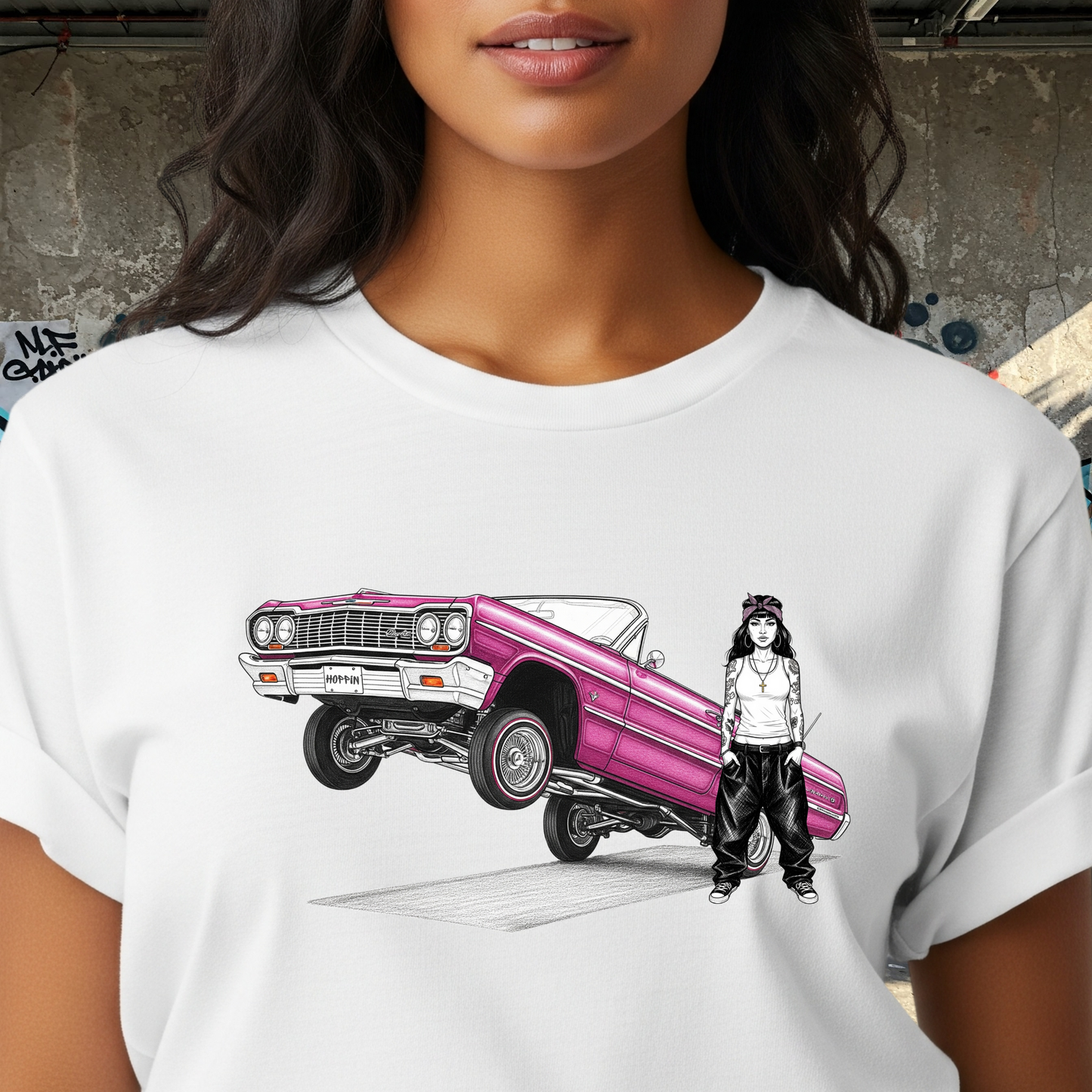 1964 Chevy Impala Hydraulics Lowrider Ink Drawing T-Shirt - Old School Hip Hop Cholo Art Tee Design - Chicano Car Club Graphic Tee