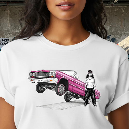 1964 Chevy Impala Hydraulics Lowrider Ink Drawing T-Shirt - Old School Hip Hop Cholo Art Tee Design - Chicano Car Club Graphic Tee