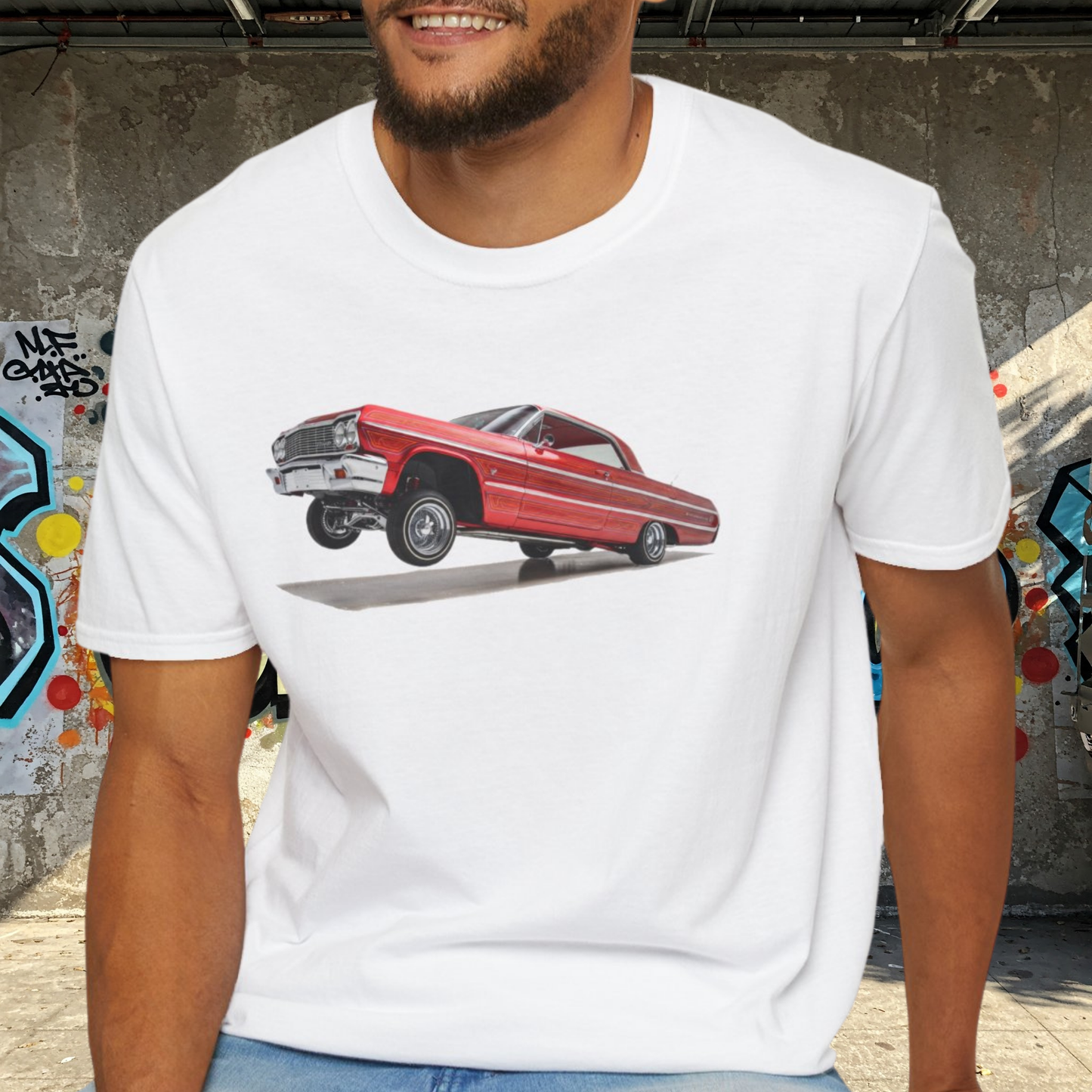 1964 Chevy Impala Hydraulics Lowrider Hoppin' graphic T-Shirt - Old School Hip Hop Cholo Art Tee Design - Chicano Car Club Graphic Tee