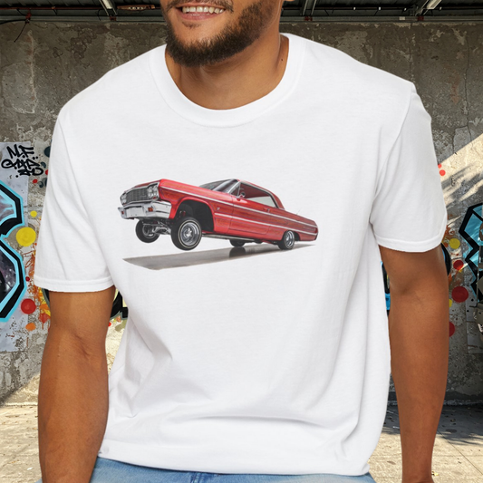 1964 Chevy Impala Hydraulics Lowrider Hoppin' graphic T-Shirt - Old School Hip Hop Cholo Art Tee Design - Chicano Car Club Graphic Tee