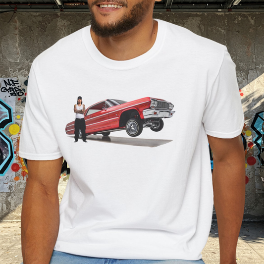 1964 Chevy Impala Hydraulics Lowrider Hoppin' graphic T-Shirt - Old School Hip Hop Cholo Art Tee Design - Chicano Car Club Graphic Tee