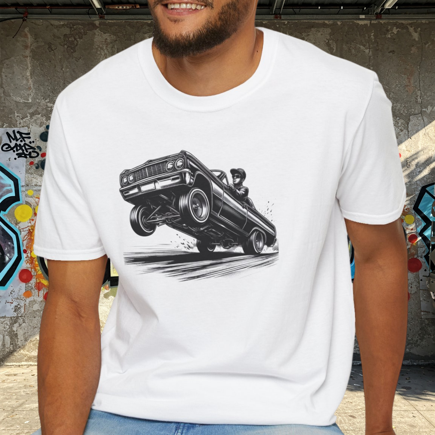 1964 Chevy Impala Hydraulics Lowrider Ink Drawing T-Shirt - Old School Hip Hop Cholo Art Tee Design - Chicano Car Club Graphic Tee
