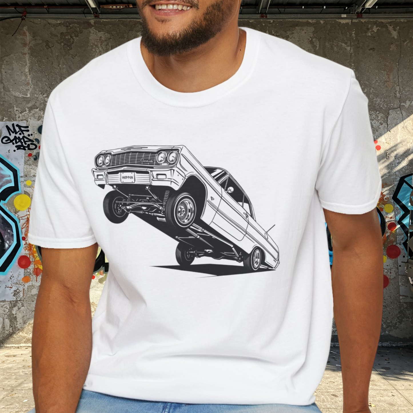 1964 Chevy Impala Hydraulics Lowrider Ink Drawing T-Shirt - Old School Hip Hop Cholo Art Tee Design - Chicano Car Club Graphic Tee