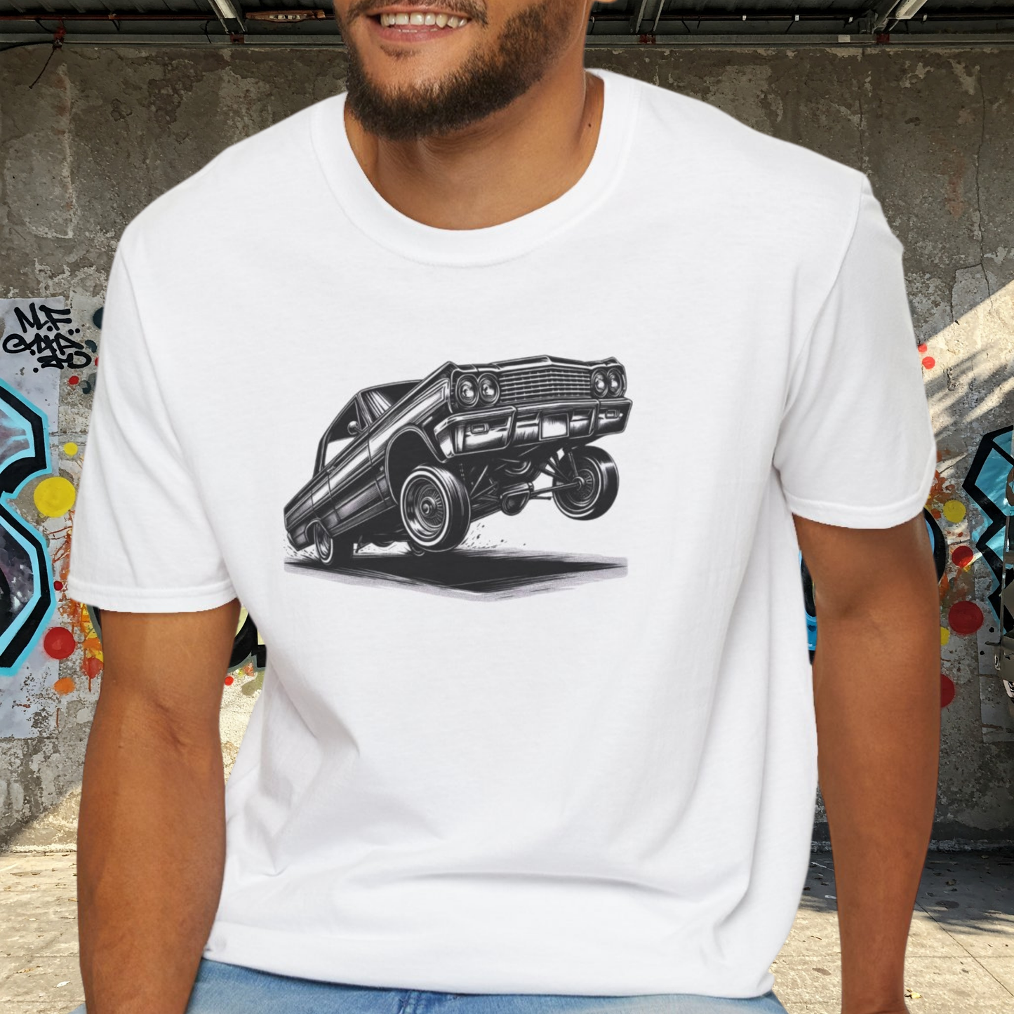 1964 Chevy Impala Hydraulics Lowrider Ink Drawing Graphic T-Shirt - Old School Hip Hop Cholo Art Design - Chicano Car Club Graphic Tee