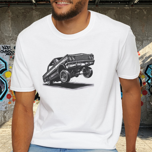 1964 Chevy Impala Hydraulics Lowrider Ink Drawing Graphic T-Shirt - Old School Hip Hop Cholo Art Design - Chicano Car Club Graphic Tee