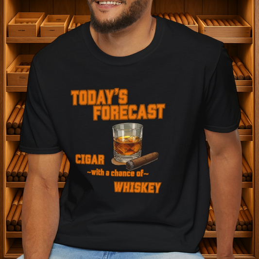 Today's Forecast Cigar with a chance of Whiskey Unisex T-Shirt, BBQ Pool Party Shirt, Fathers Day Gift, Relaxation Leisure, Cigar lover Gift