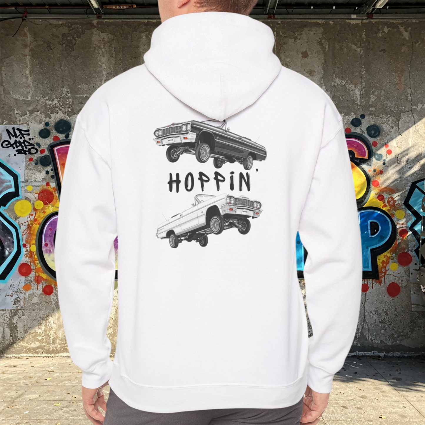 1964 Chevy Impala Hydraulics Lowrider Ink Drawing Hoodie - Old School Hip Hop Cholo Art Design - Chicano Car Club Graphic Hoodie