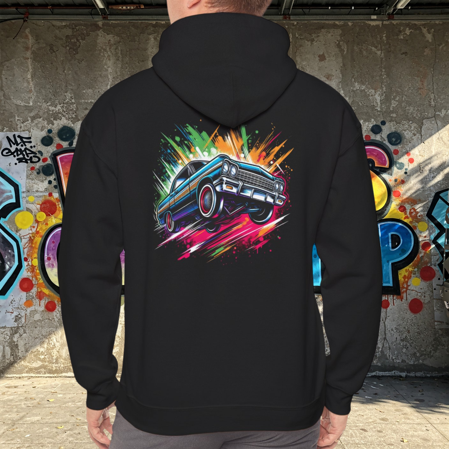 Chevy Impala Hydraulics Lowrider Colorful Drawing Graphic Hoodie - Old School Hip Hop Cholo Art Design - Chicano Car Club Graphic Hoodie