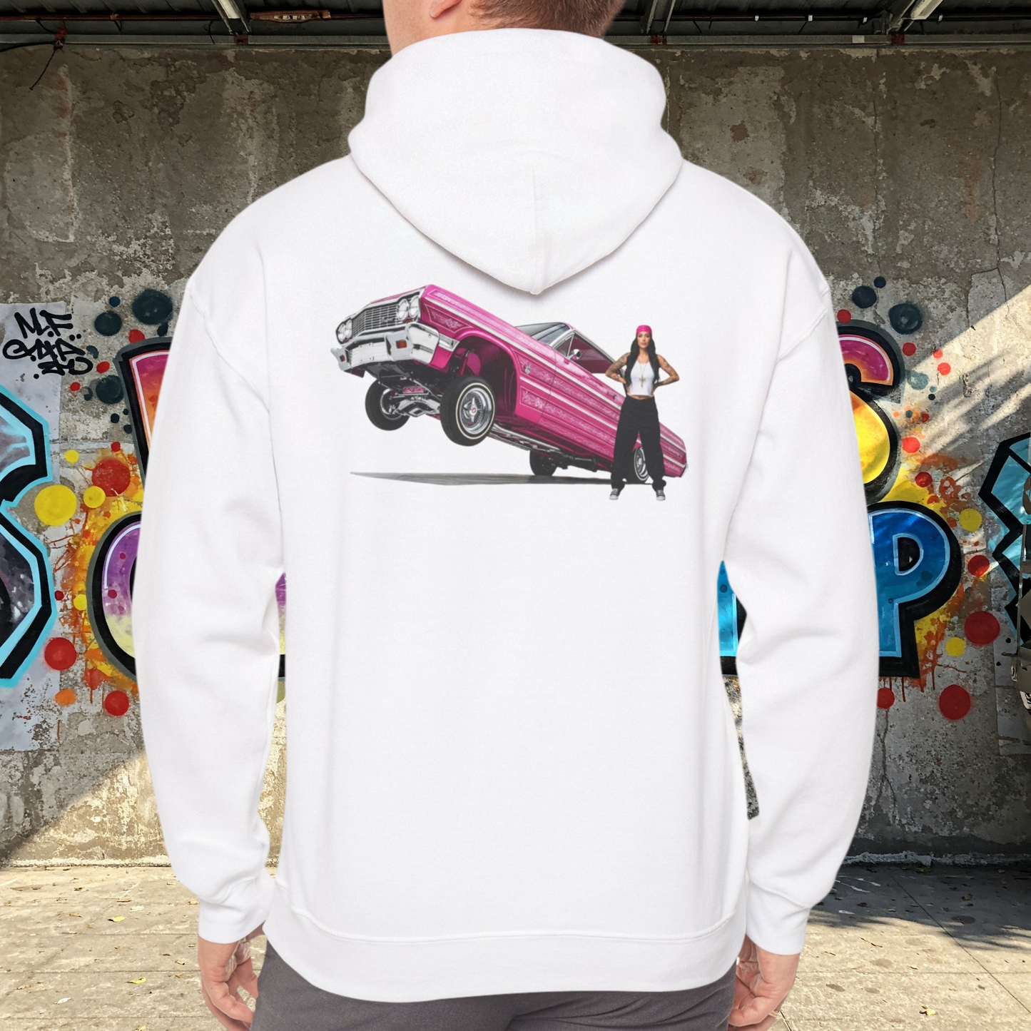 1964 Chevy Impala Hydraulics Lowrider Ink Drawing Hoodie - Old School Hip Hop Cholo Art Design - Chicano Car Club Graphic Hoodie