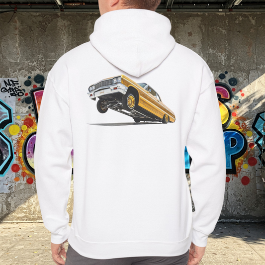1964 Chevy Impala Hydraulics Lowrider Ink Drawing Hoodie - Old School Hip Hop Cholo Art Design - Chicano Car Club Graphic Hoodie