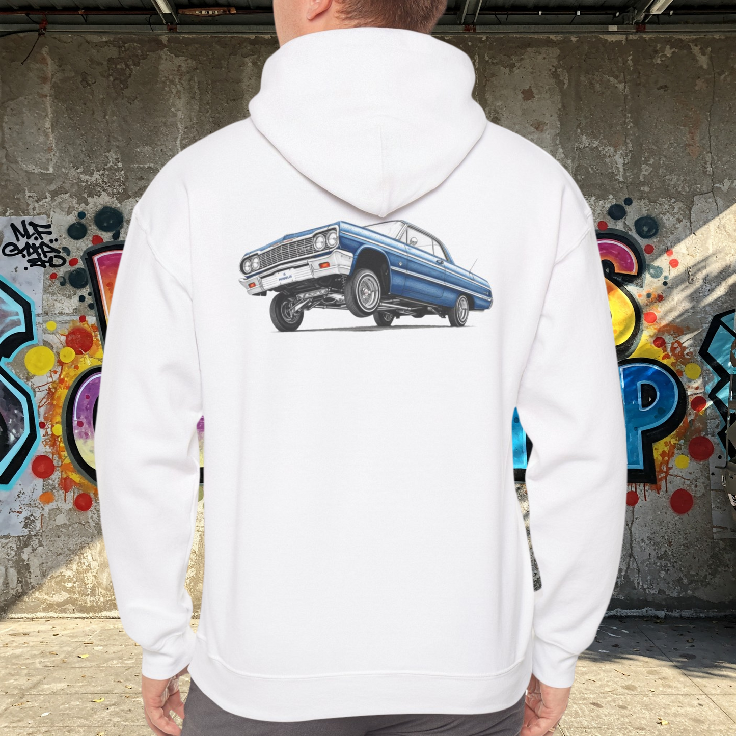1964 Chevy Impala Hydraulics Lowrider Ink Drawing Hoodie - Old School Hip Hop Cholo Art Design - Chicano Car Club Graphic Hoodie