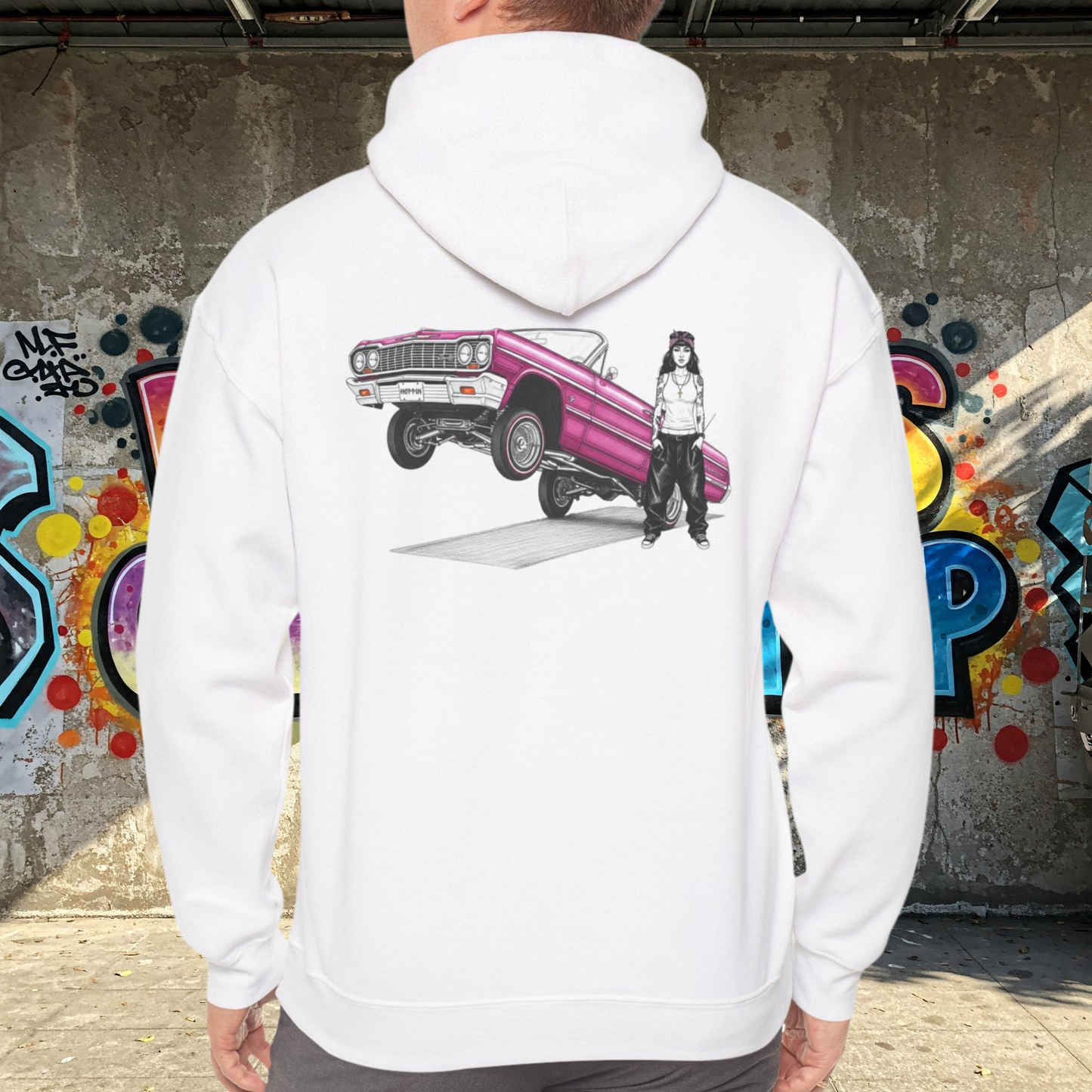 1964 Chevy Impala Hydraulics Lowrider Ink Drawing Hoodie - Old School Hip Hop Cholo Art Design - Chicano Car Club Graphic Hoodie