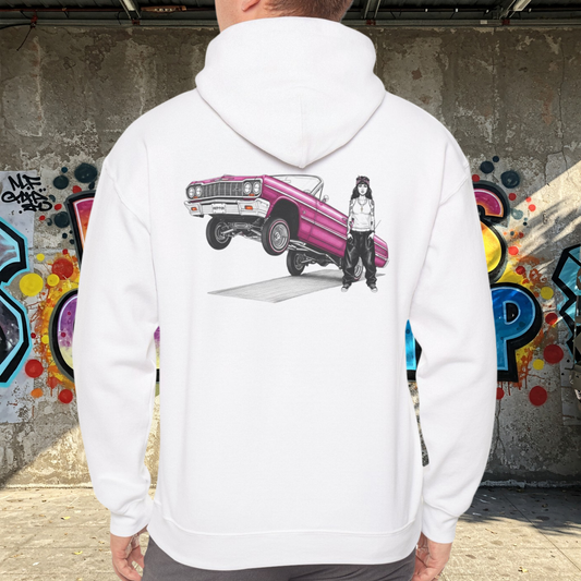 1964 Chevy Impala Hydraulics Lowrider Ink Drawing Hoodie - Old School Hip Hop Cholo Art Design - Chicano Car Club Graphic Hoodie