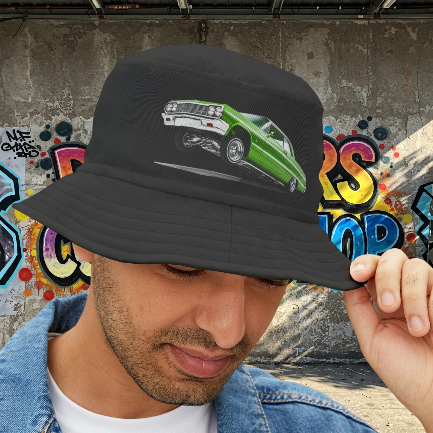 1964 Chevy Impala Hydraulics Lowrider graphic Bucket Hat - Old School Hip Hop Cholo Art Hat Design - Chicano Car Club Graphic Hat