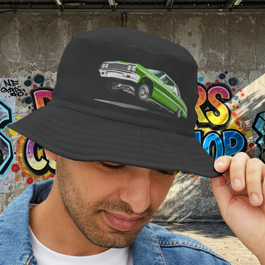 1964 Chevy Impala Hydraulics Lowrider graphic Bucket Hat - Old School Hip Hop Cholo Art Hat Design - Chicano Car Club Graphic Hat