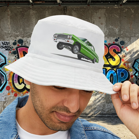 1964 Chevy Impala Hydraulics Lowrider graphic Bucket Hat - Old School Hip Hop Cholo Art Hat Design - Chicano Car Club Graphic Hat