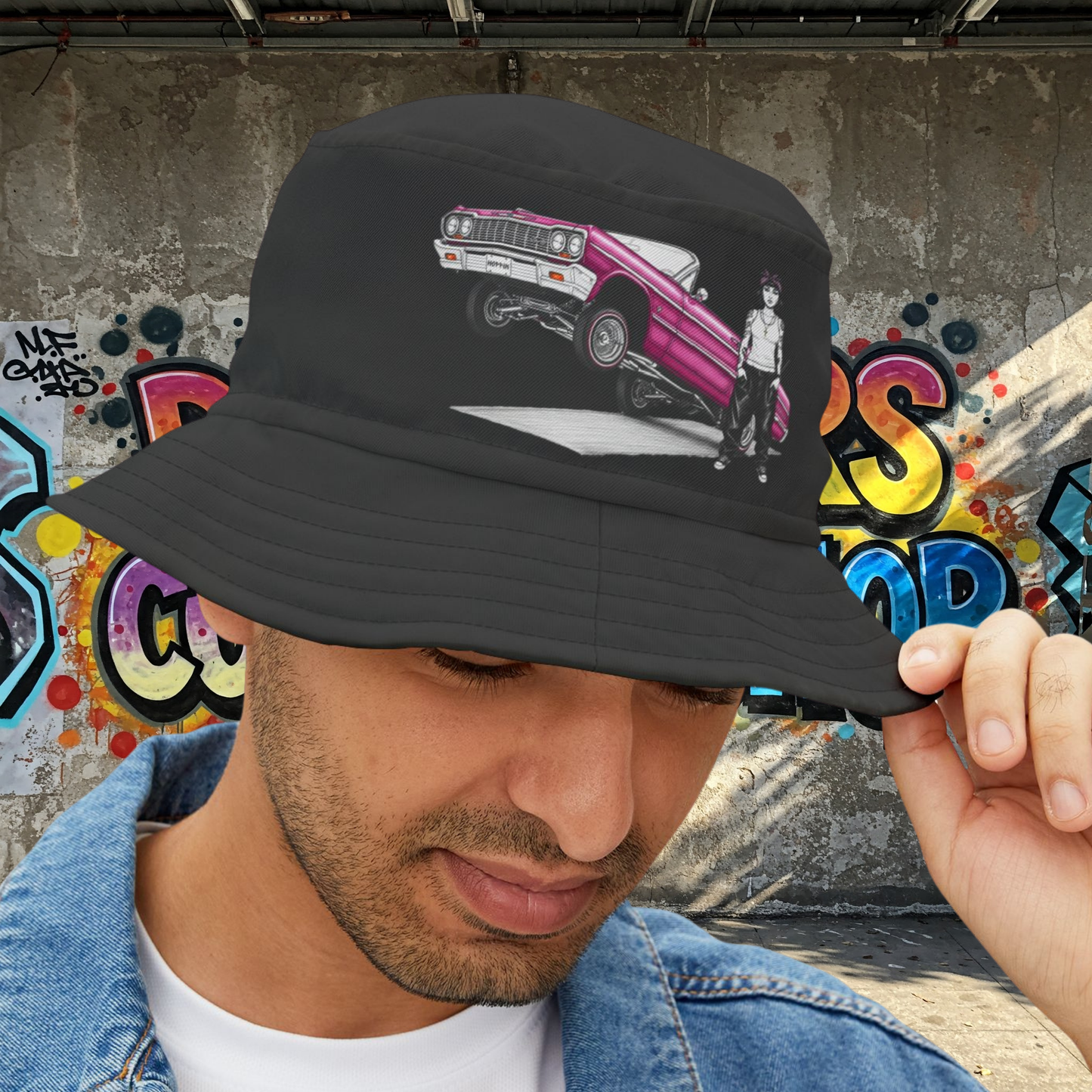 1964 Chevy Impala Hydraulics Lowrider Ink Drawing Bucket Hat - Old School Hip Hop Cholo Art Hat Design - Chicano Car Club Graphic Hat