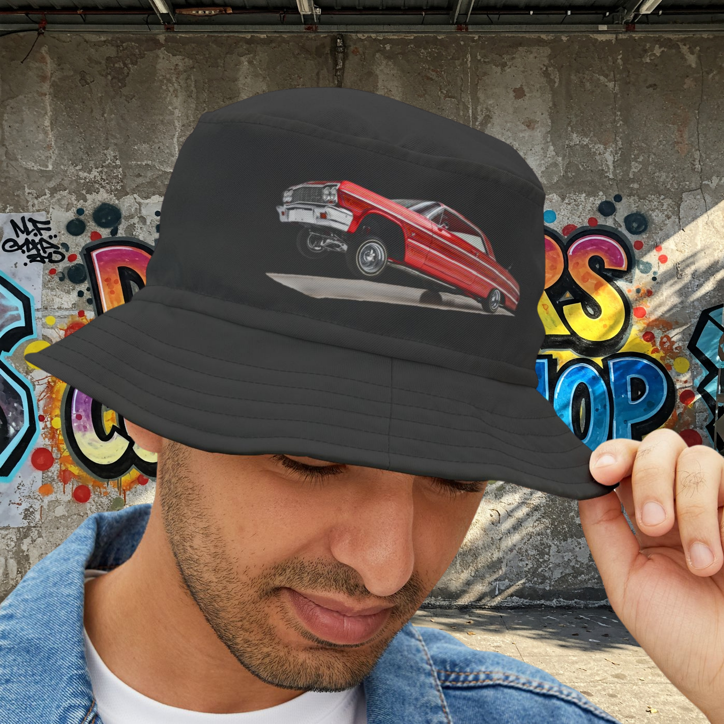 1964 Chevy Impala Hydraulics Lowrider graphic Bucket Hat - Old School Hip Hop Cholo Art Hat Design - Chicano Car Club Graphic Hat