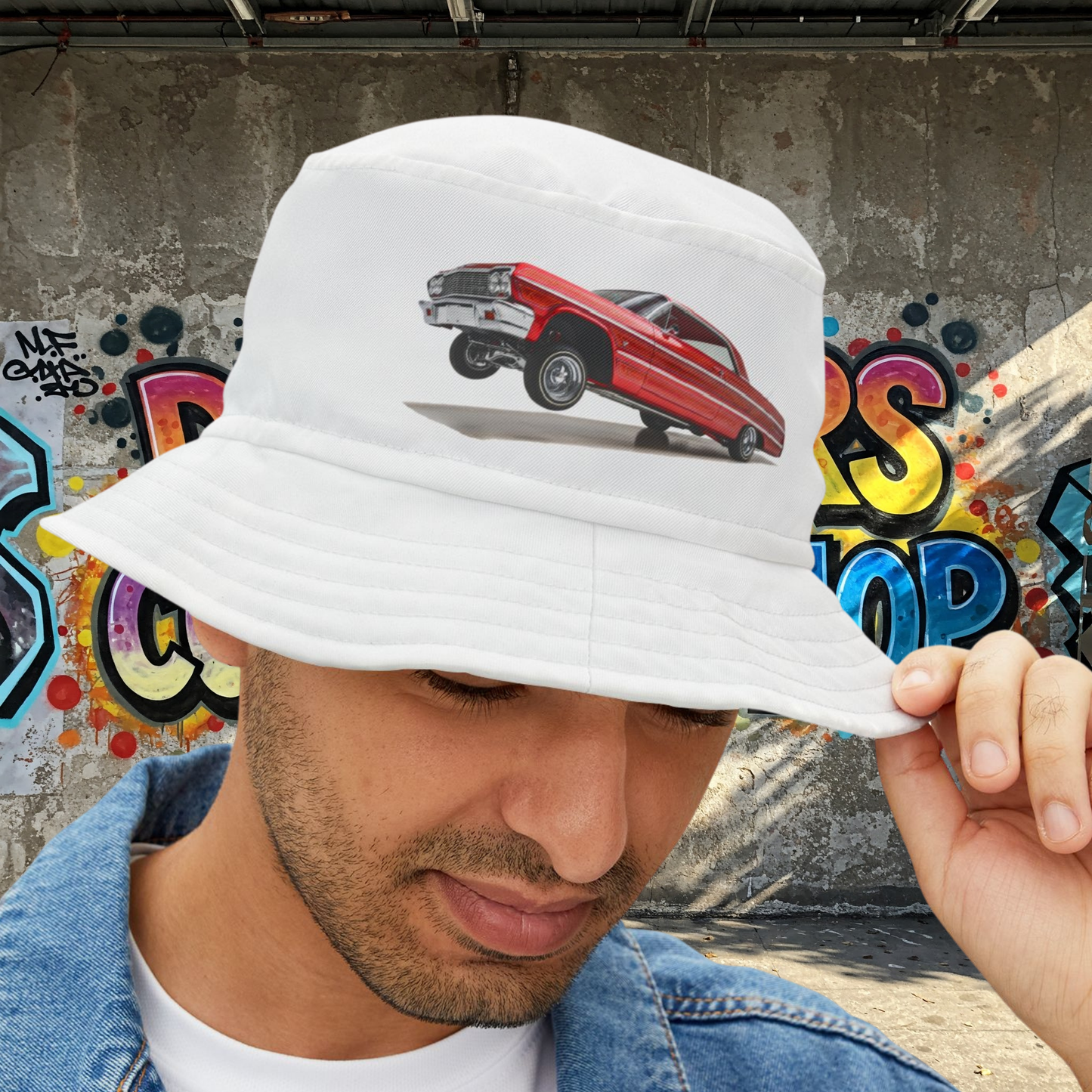 1964 Chevy Impala Hydraulics Lowrider graphic Bucket Hat - Old School Hip Hop Cholo Art Hat Design - Chicano Car Club Graphic Hat
