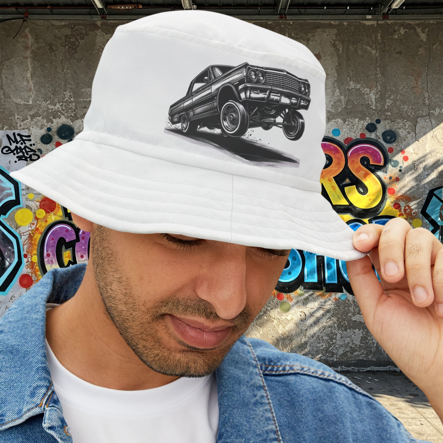 Vintage Lowrider Ink Drawing Bucket Hat, Classic Lowrider with Hydraulics Hopping, Car Lover, Old School Hip Hop Cholo Hat, Dad Gift