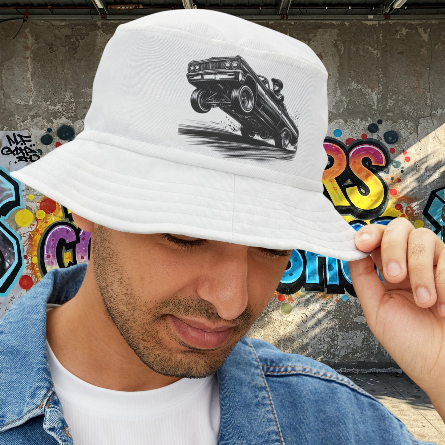 Vintage Lowrider Ink Drawing Bucket Hat, Classic Lowrider with Hydraulics Hopping, Car Lover, Old School Hip Hop Cholo Hat, Dad Gift