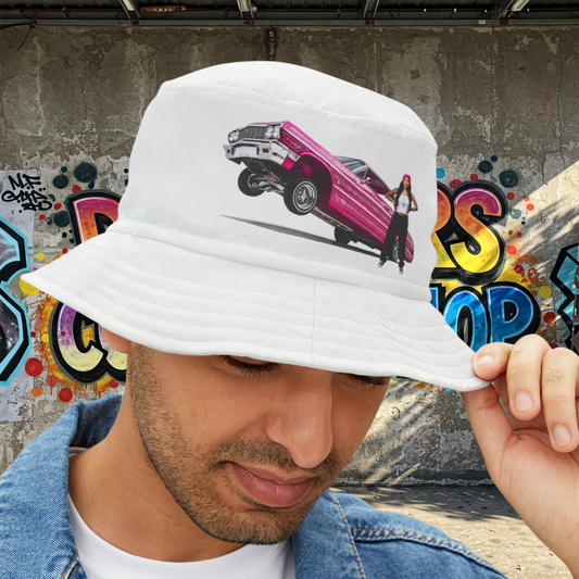 1964 Chevy Impala Hydraulics Lowrider Graphic Bucket Hat - Old School Hip Hop Cholo Art Hat Design - Chicano Car Club Graphic Hat