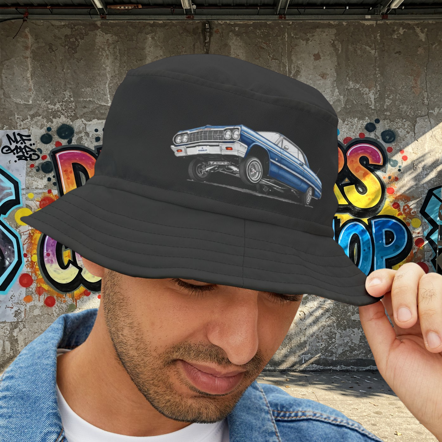 1964 Chevy Impala Hydraulics Lowrider Ink Drawing Bucket Hat - Old School Hip Hop Cholo Art Hat Design - Chicano Car Club Graphic Hat