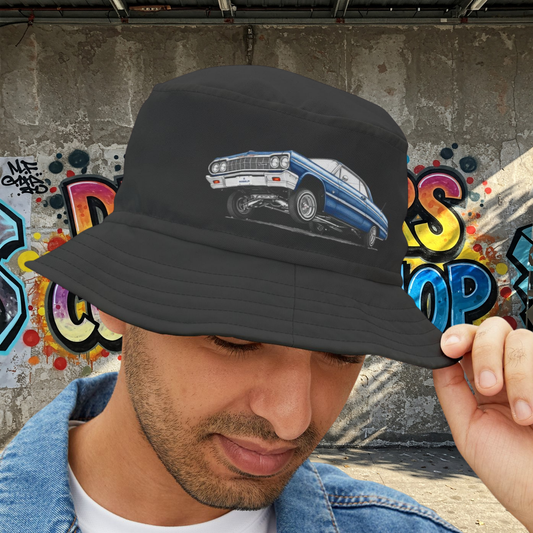 1964 Chevy Impala Hydraulics Lowrider Ink Drawing Bucket Hat - Old School Hip Hop Cholo Art Hat Design - Chicano Car Club Graphic Hat