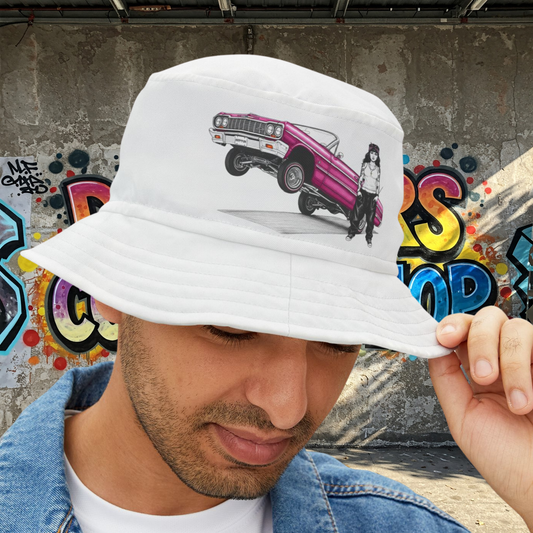 1964 Chevy Impala Hydraulics Lowrider Ink Drawing Bucket Hat - Old School Hip Hop Cholo Art Hat Design - Chicano Car Club Graphic Hat
