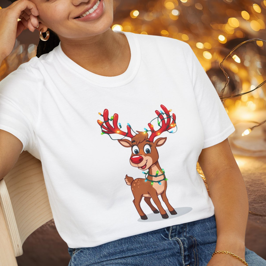 Smiling Reindeer with Christmas Lights Shirt, Family Christmas Shirts, Christmas T Shirt, Holiday Shirt, Cute Xmas Shirt for the family, Holiday Gift