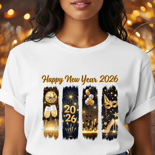 Happy New Year 2026 T-Shirt – Gold Glitter New Year’s Eve Shirt, NYE Party Tee, Celebration Fireworks Graphic Top, Champagne & City Skyline New Year Shirt