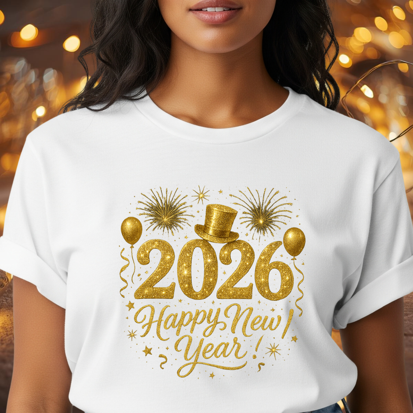 Happy New Year 2026 Gold Glitter T-Shirt – Sparkly New Year’s Eve Party Shirt, Festive 2026 NYE Tee with Fireworks & Balloons, Holiday Celebration Top
