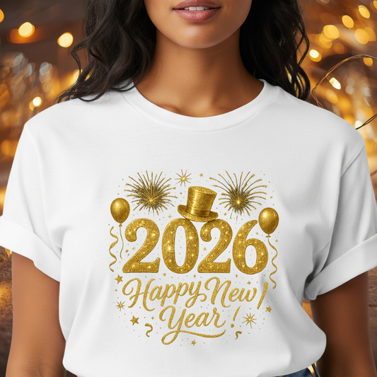 Happy New Year 2026 Gold Glitter T-Shirt – Sparkly New Year’s Eve Party Shirt, Festive 2026 NYE Tee with Fireworks & Balloons, Holiday Celebration Top