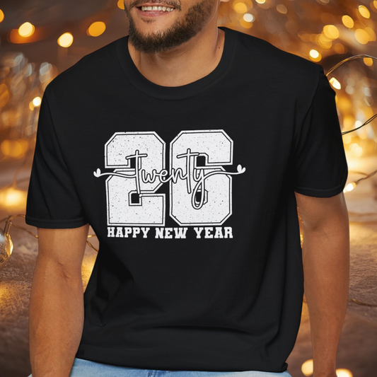 Happy New Year 2026 T-Shirt – Distressed Varsity 26 Twenty New Year Shirt, Retro College Style NYE Tee, New Year’s Eve Party Graphic Top