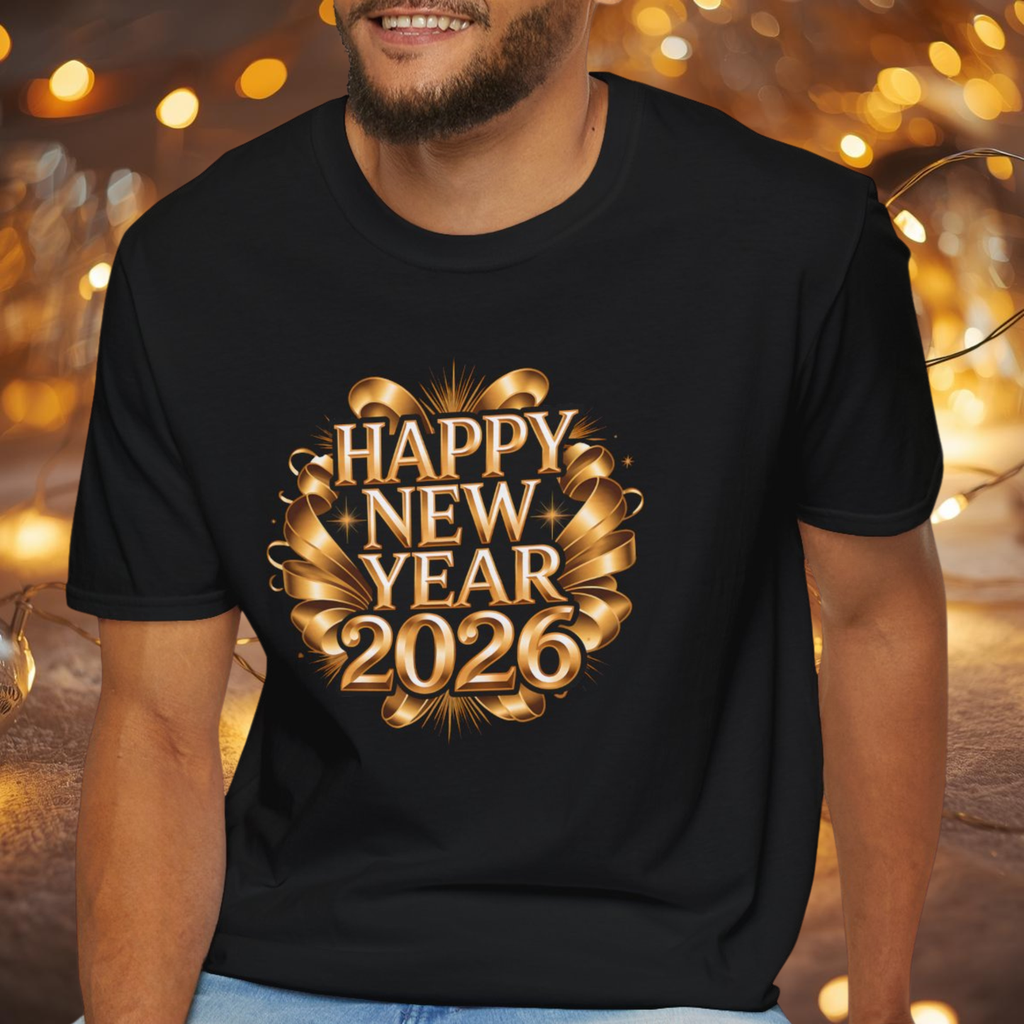 Happy New Year 2026 T-Shirt – Gold Metallic New Year Shirt, Luxury 2026 NYE Celebration Tee with Ribbon Design, Elegant New Year’s Eve Party Top