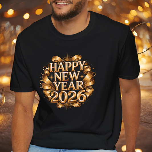 Happy New Year 2026 T-Shirt – Gold Metallic New Year Shirt, Luxury 2026 NYE Celebration Tee with Ribbon Design, Elegant New Year’s Eve Party Top