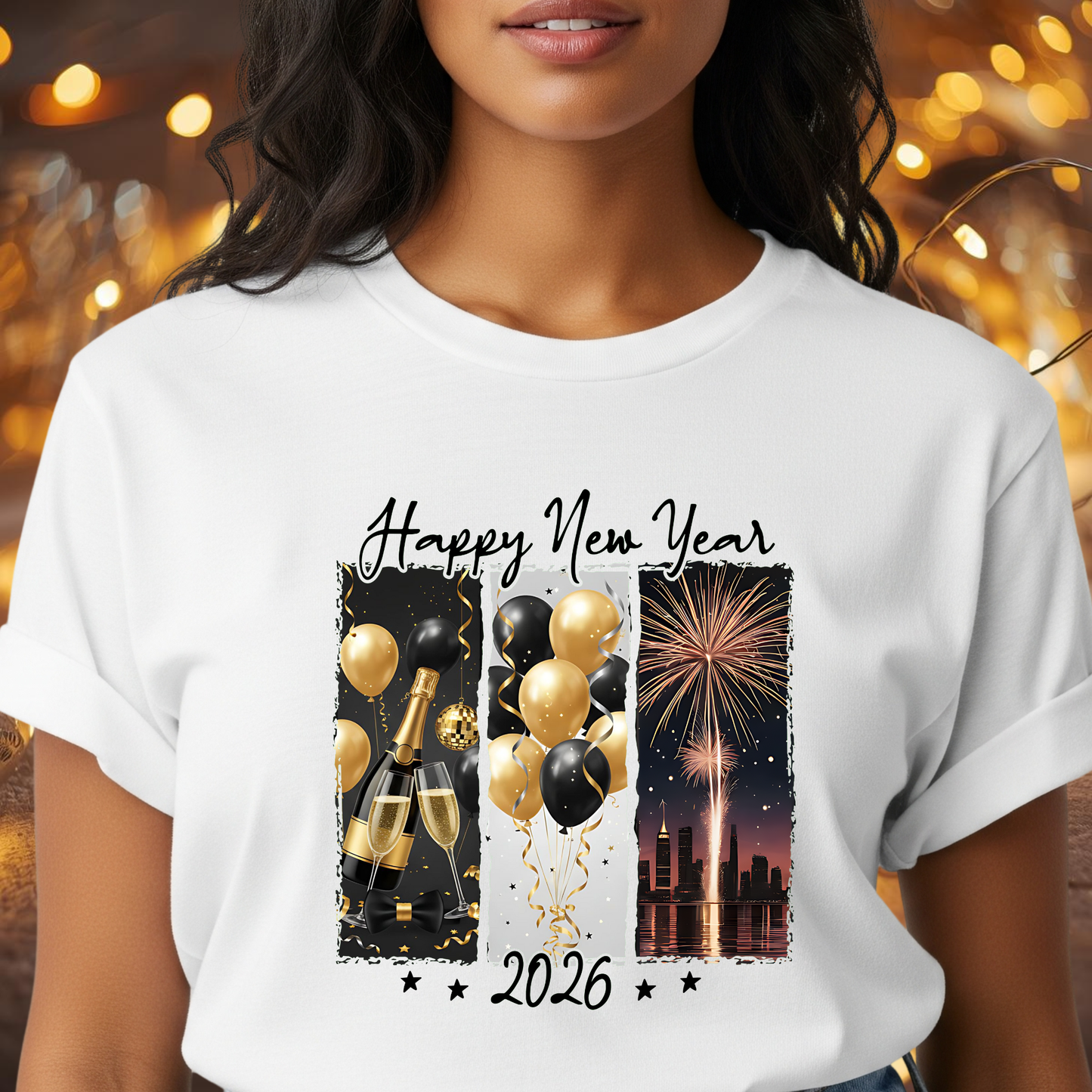 Happy New Year 2026 T-Shirt – Gold & Black Champagne New Year Shirt, Fireworks and Balloons NYE Celebration Tee, Festive 2026 Party Top