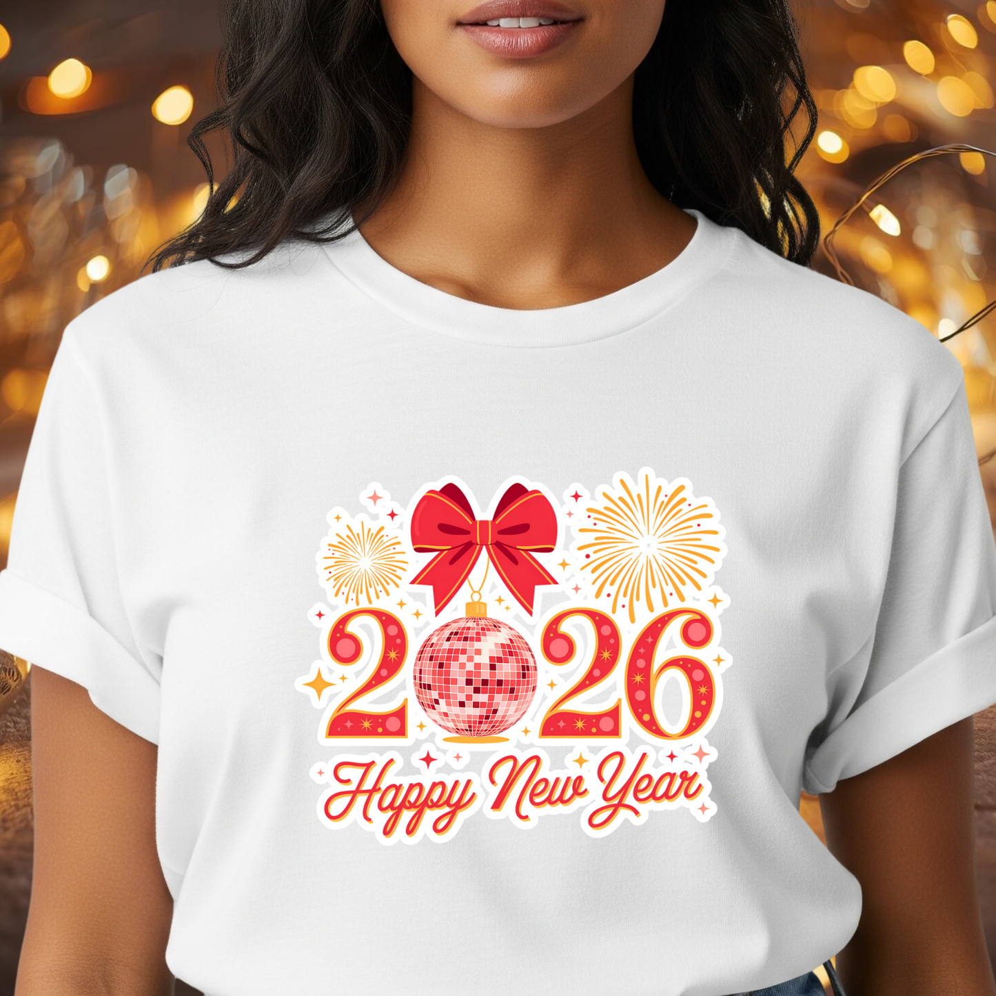 Happy New Year 2026 T-Shirt – Red & Gold Disco Ball New Year Shirt, Festive Bow and Fireworks 2026 NYE Tee, Holiday Celebration Party Top