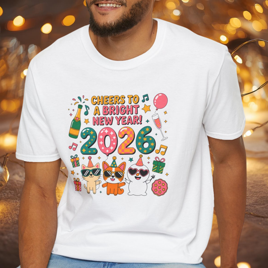 Happy New Year 2026 T-Shirt – Cute Cartoon Cats New Year Shirt, Bright Colorful NYE Party Tee, Fun 2026 Celebration Top for Cat Lovers