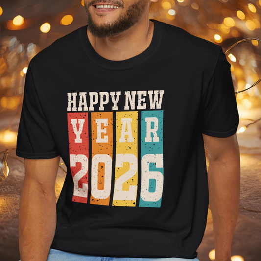 Happy New Year 2026 T-Shirt – Retro Vintage New Year Shirt, Distressed Multicolor 2026 NYE Tee, Classic New Year’s Eve Party Top